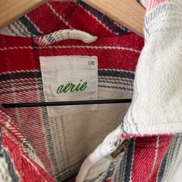 Aerie Oversized Plaid Cotton Flannel Long Shacket Chilly Red/Ivory Womens Size L - Picture 6 of 6